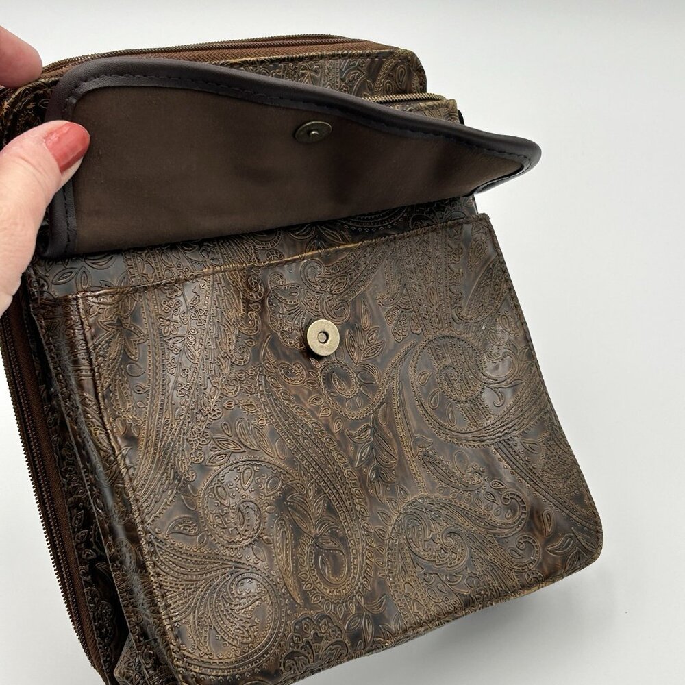 Relic Fossil Organizer Purse Brown Embossed Leather Shoulder Bag Paisley - Picture 5 of 16